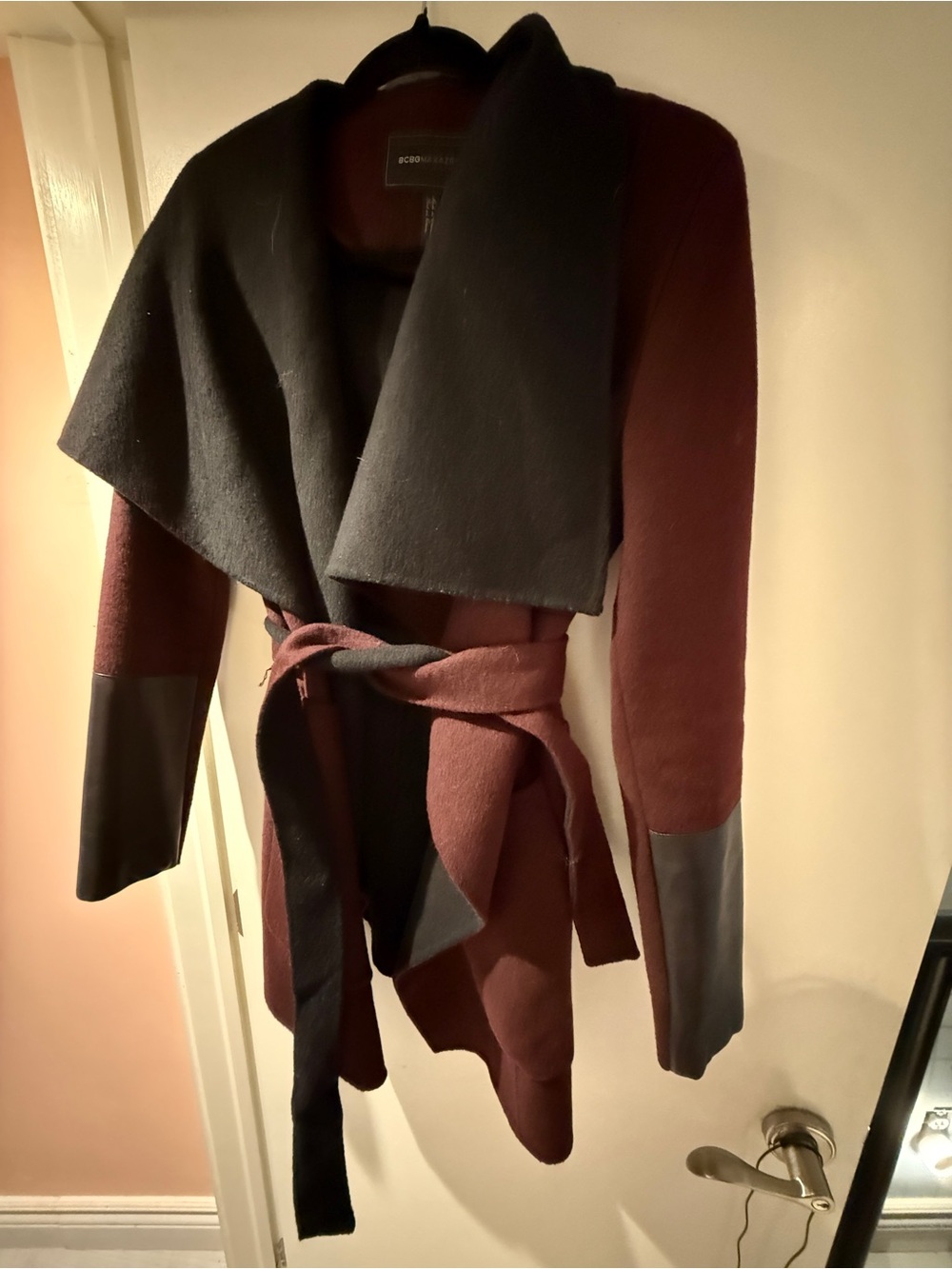 BCBGMaxAzria Two-Tone Burgundy and Black Draped Trench Coat